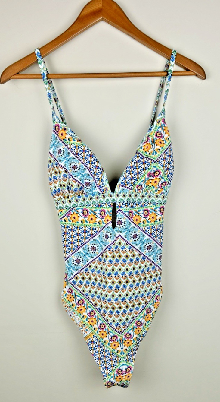 Jessica Simpson Women’s L One Piece Swimsuit Boho Floral Paisley Plunge Cutout